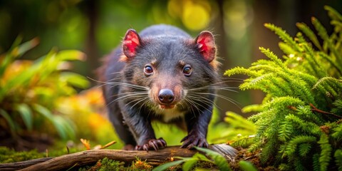 In the shadows, a Tasmanian Devil's piercing gaze shines brightly, its eucalyptus and moss-toned fur a mesmerizing blend, amidst whirling leaves and twigs.
