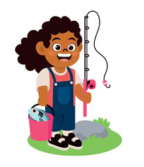 little girl fishing with fishing rod and bucket