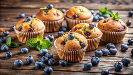 Delicious homemade blueberry muffins on a rustic wooden table, baked goods, dessert, breakfast, delicious, tasty, snack