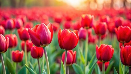 Field of red tulips with soft, blurred background, red tulips, flowers, spring, garden, nature, vibrant, blooming, beauty, fresh