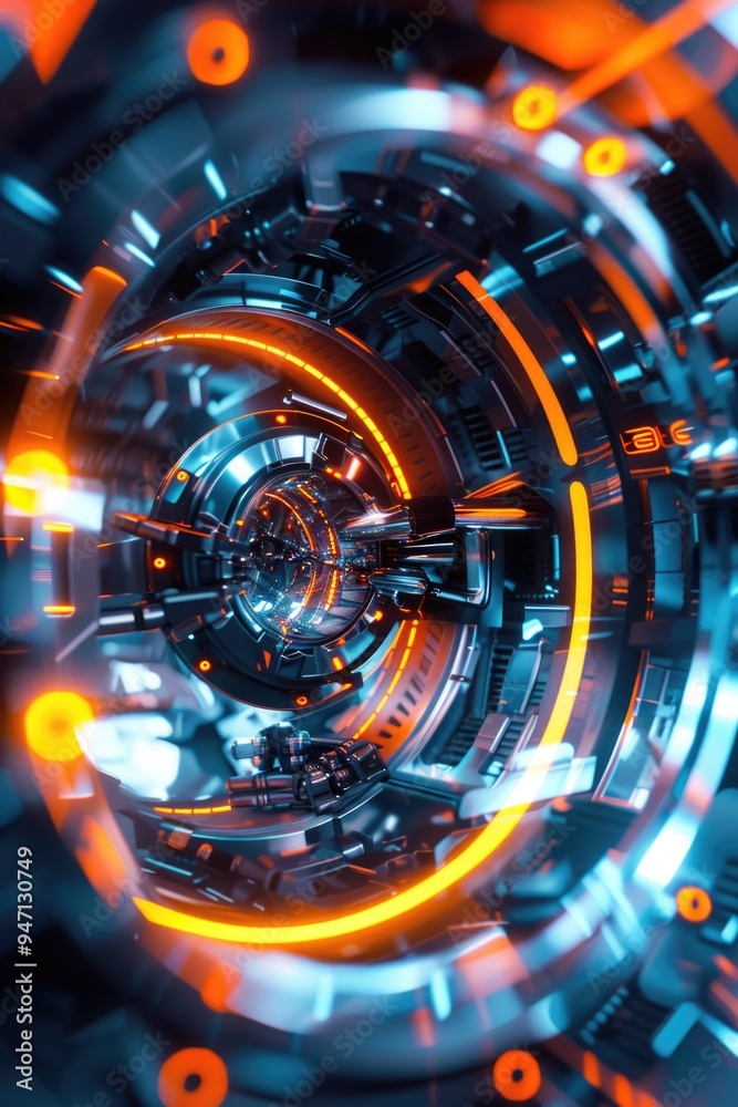 Poster a futuristic tunnel with glowing lights and metallic structure