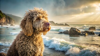 Misty sea spray dances across the dog's silky fur as it gazes into the fog-shrouded cove, warm tones evoking nostalgia and longing in a tranquil, contemplative atmosphere.