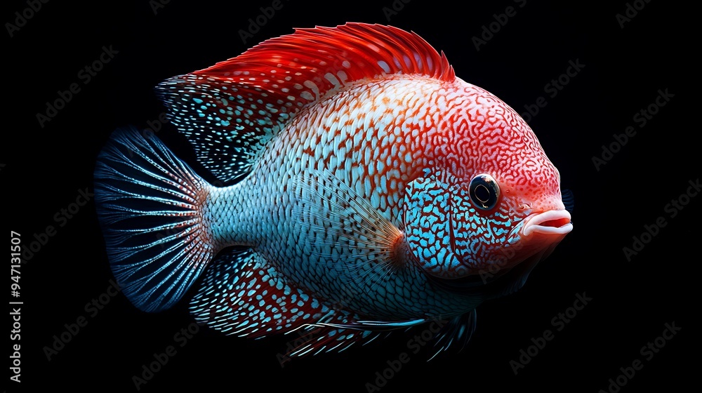 Wall mural Red and Blue Spotted Fish with Black Background