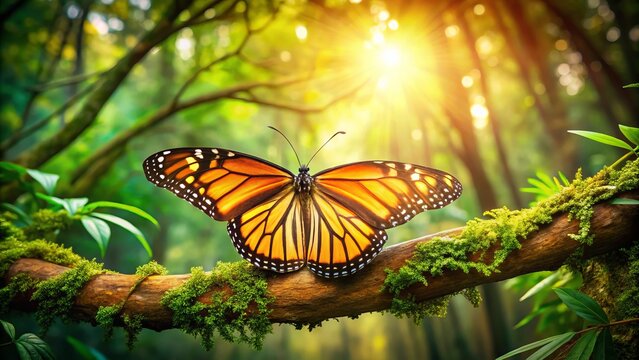 Peaceful monarch flycatcher perches, delicate butterfly-like wings open, sunlight filtering through leaves, casting dappled shadows on forest floor, serene atmosphere.