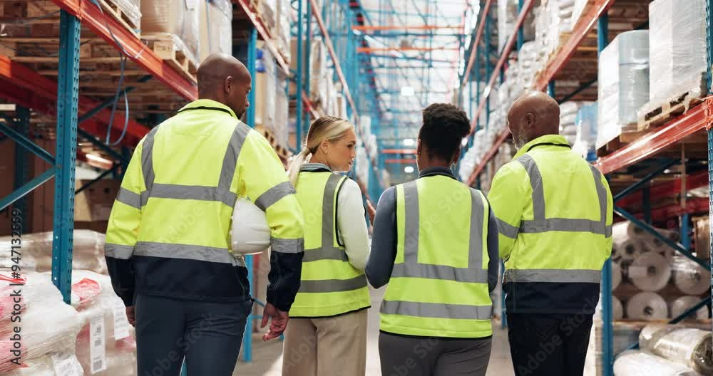 Sticker People, logistics and walking in warehouse for inspection, compliance and safety training with back. Teamwork, discussion and tour for supply chain industry, project briefing and inventory management