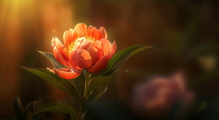 Obraz premium Vibrant red peony flower blooming in the golden light