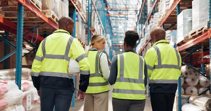 People, logistics and walking in warehouse for inspection, compliance and safety training with back. Teamwork, discussion and tour for supply chain industry, project briefing and inventory management