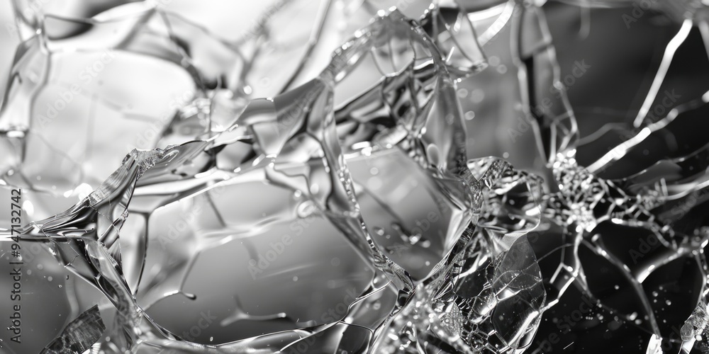 Poster A close-up shot of a broken glass window with shards and fragments, suitable for use in crime scene or accident scenarios