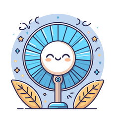 A cartoonish fan with a smiling face is shown with a leafy background. The fan is positioned in the center of the image, and the leaves are scattered around it. Scene is cheerful and lighthearted