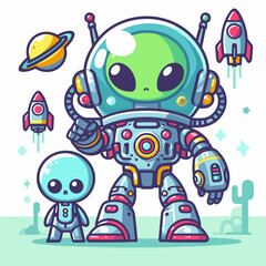 A robot and a small alien are standing next to each other. The robot is pointing to the sky