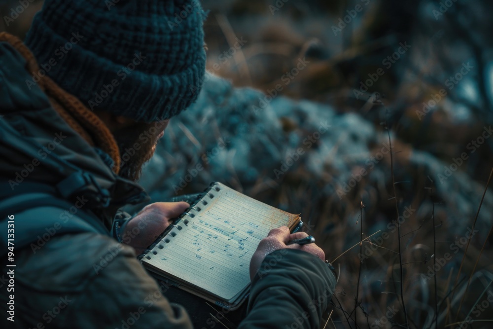 Poster a person sitting with a notebook and pen, focused on writing