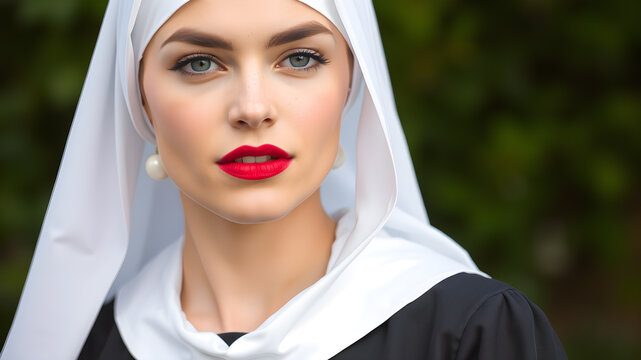 Attractive young woman with red lipstick and christian nun habit with veil. Generative AI