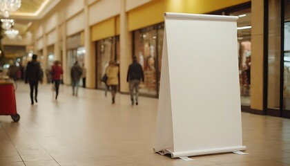 Obraz premium POSTER Mockup White Vertical sign sitting in the middle of a mall, perfect for any mockup or design.10