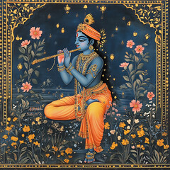 Traditional Madhubani Pichwai image from India of Lord Krishna surrounded by trees.