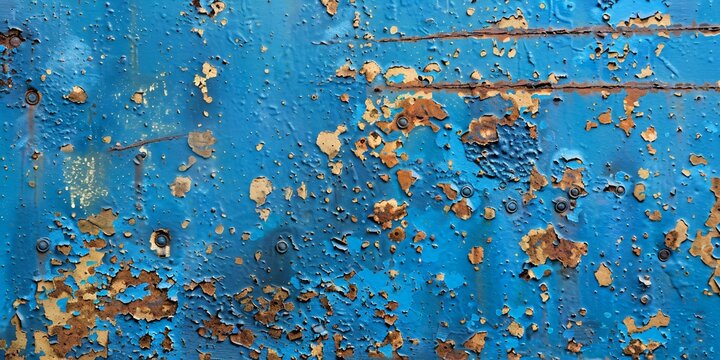 Weathered blue surface with peeling paint and rust spots