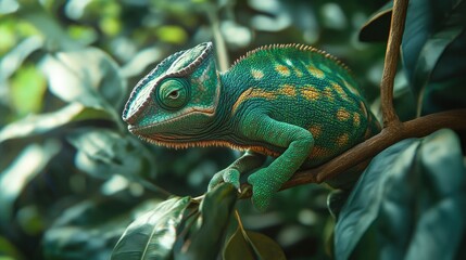 Obraz premium Green Chameleon on a Branch