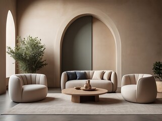 Fototapeta premium sofa and armchairs near stucco arch wall minimalist japandi interior design of modern living room