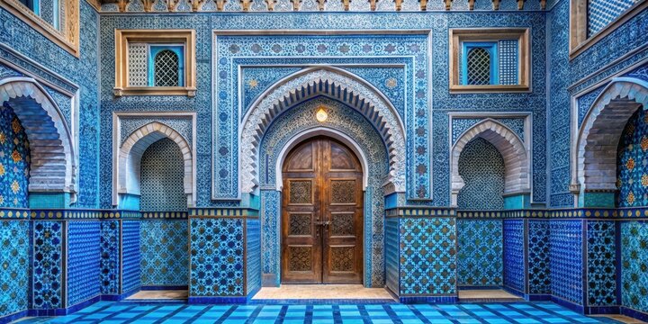 Intricate blue Moroccan architecture with detailed designs and patterns, Moroccan, architecture, blue, intricate, designs