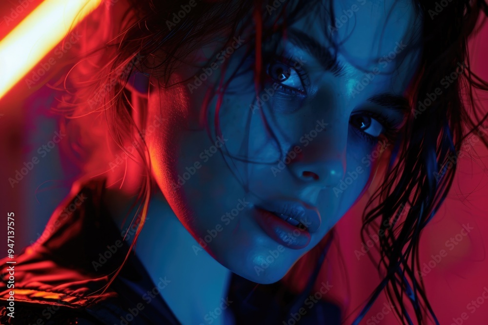 Poster a close-up of a person in front of a bright neon light, ideal for use in nightlife or technology con