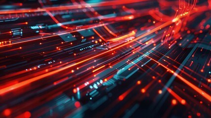 Glowing lines and particles on illuminated digital circuit board. Cutting-edge tech backdrop.