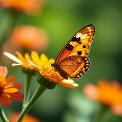 Obraz premium A striking orange butterfly delicately rests on a vivid yellow flower, surrounded by rich greenery in a sunlit garden, showcasing nature's beauty and tranquility