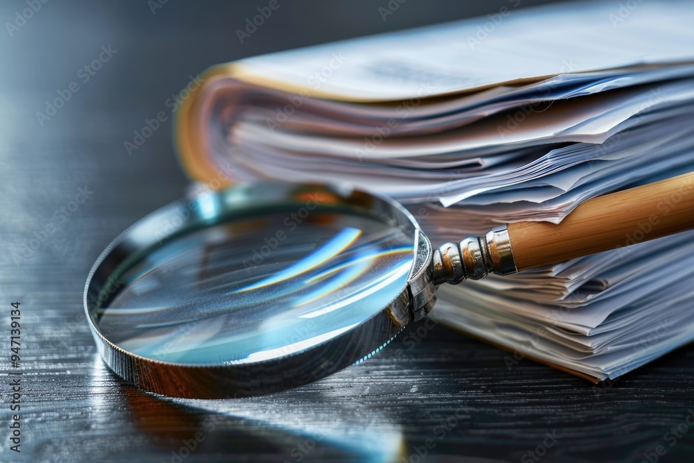 Poster Close-up view of documents and magnifying glass on a table, ideal for illustrations or reports
