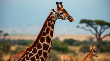 Obraz premium Two giraffes are seen peacefully grazing on the savanna under a clear sky. Their distinctive fur patterns blend beautifully with the natural landscape around them