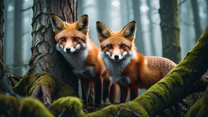 Two red foxes with striking fur and alert expressions are positioned close together among ancient trees in a misty forest. The soft morning light highlights their features