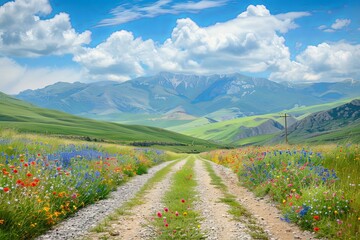 Country Road Through Wildflower Meadow   Mountain Landscape