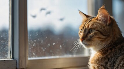A curious cat observes the world outside from a sunlit window, its paws resting on the sill. The soft afternoon light highlights its features, enhancing its inquisitive expression