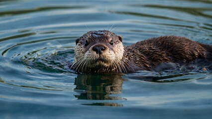 A curious otter floats playfully on its back, surrounded by calm water. The animal appears content, reflecting a sunny day in its peaceful habitat