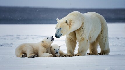 Naklejka premium Three polar bears are playfully interacting in a snowy Arctic setting, showcasing their joyful bond and natural behavior in a winter wonderland