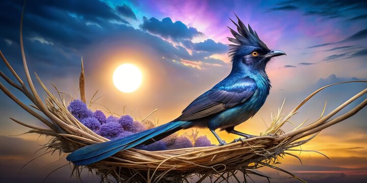 The phainopepla's iridescent wings shimmer under moonlight, casting indigo and violet hues while surrounding foliage blends softly into the dreamlike backdrop of a blue-green sky.