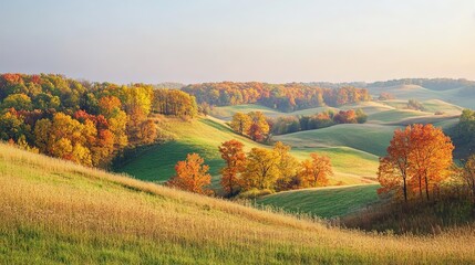 Fototapeta premium Autumnal Rolling Hills with Golden Trees and Lush Grass
