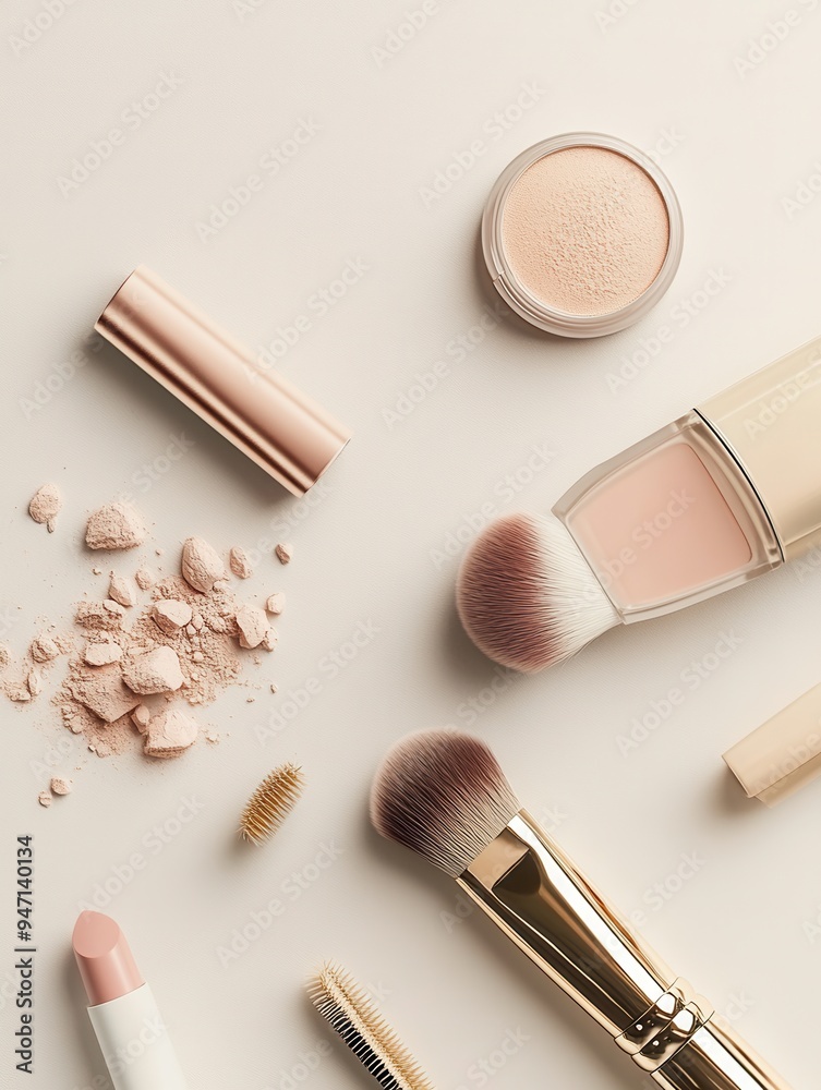 Poster a clean and simple layout showcases essential cosmetic items like lipstick, powder, and brushes on a