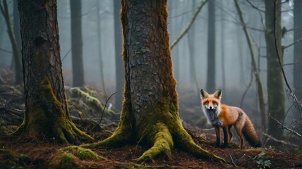 Naklejka premium red fox is curiously peeking out from behind large trees in a foggy forest. The serene atmosphere suggests a calm early morning, showcasing their natural habitat