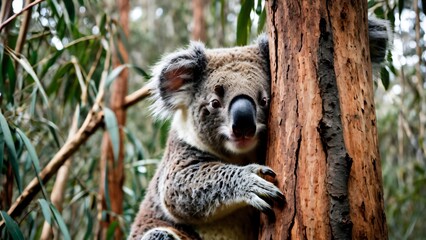 Obraz premium A koala clings gently to a tree branch in a vibrant eucalyptus forest, showcasing its sleepy demeanor while surrounded by greenery. Soft sunlight filters through the leaves