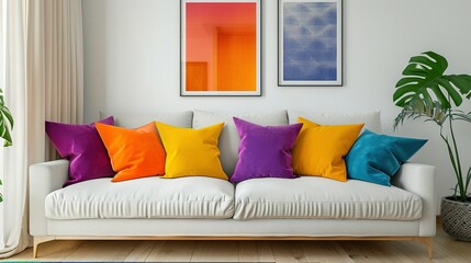 White Sofa with Colorful Pillows and Artwork in a Modern Living Room