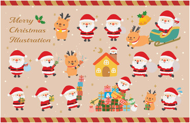 クリスマスのサンタクロースとトナカイのイラスト