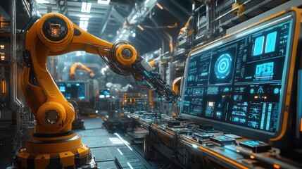 A robotic arm in an industrial factory is being used to form the production line of electronic products