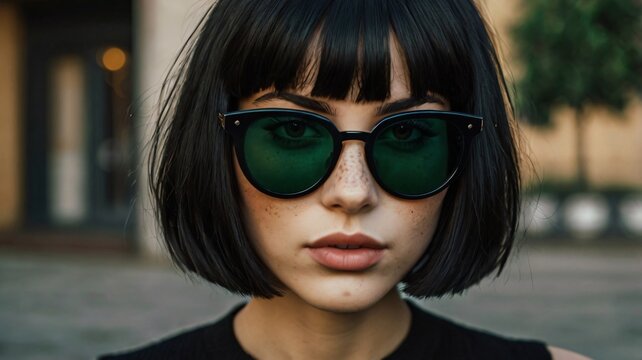 A young Italian woman stands confidently in a lively city scene, flaunting her big nose and striking green sunglasses under the bright sun