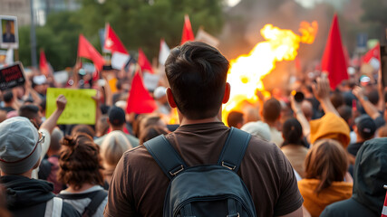 Back of people in large protest riot crowd. Generative AI
