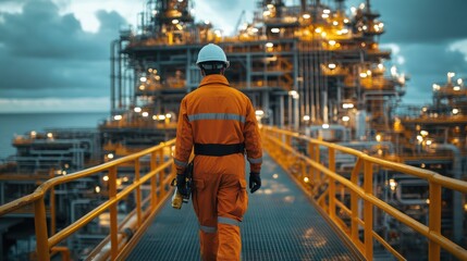 Fototapeta premium An offshore oil rig worker walks to an oil and gas facility to work in the process area. maintenance and services in hazardous areas