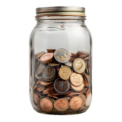 Glass money jar filled with south african coins, illustrating the concept of saving money