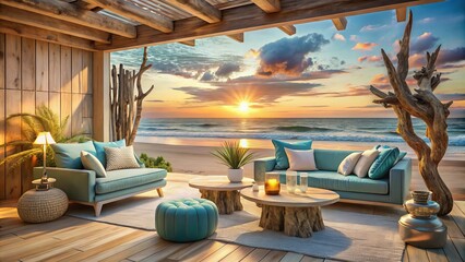 Fototapeta premium Warm beachfront property melds weathered wood and ocean hues, driftwood decor blending with blue skies and golden light, inviting tranquility in every texture and detail.