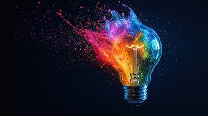 Artistic splash of vibrant colors transforming into a lightbulb, creative concept