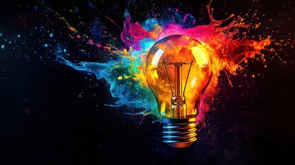 Artistic splash of vibrant colors transforming into a lightbulb, creative concept