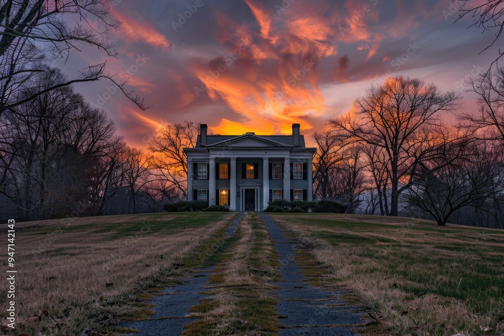Poster a large white house situated on top of a lush green field, perfect for use as a background image or 
