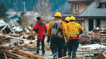 Emergency Response Team Walking Through Rubble