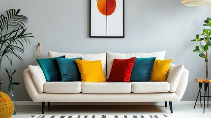 White Sofa with Colorful Pillows in a Modern Living Room